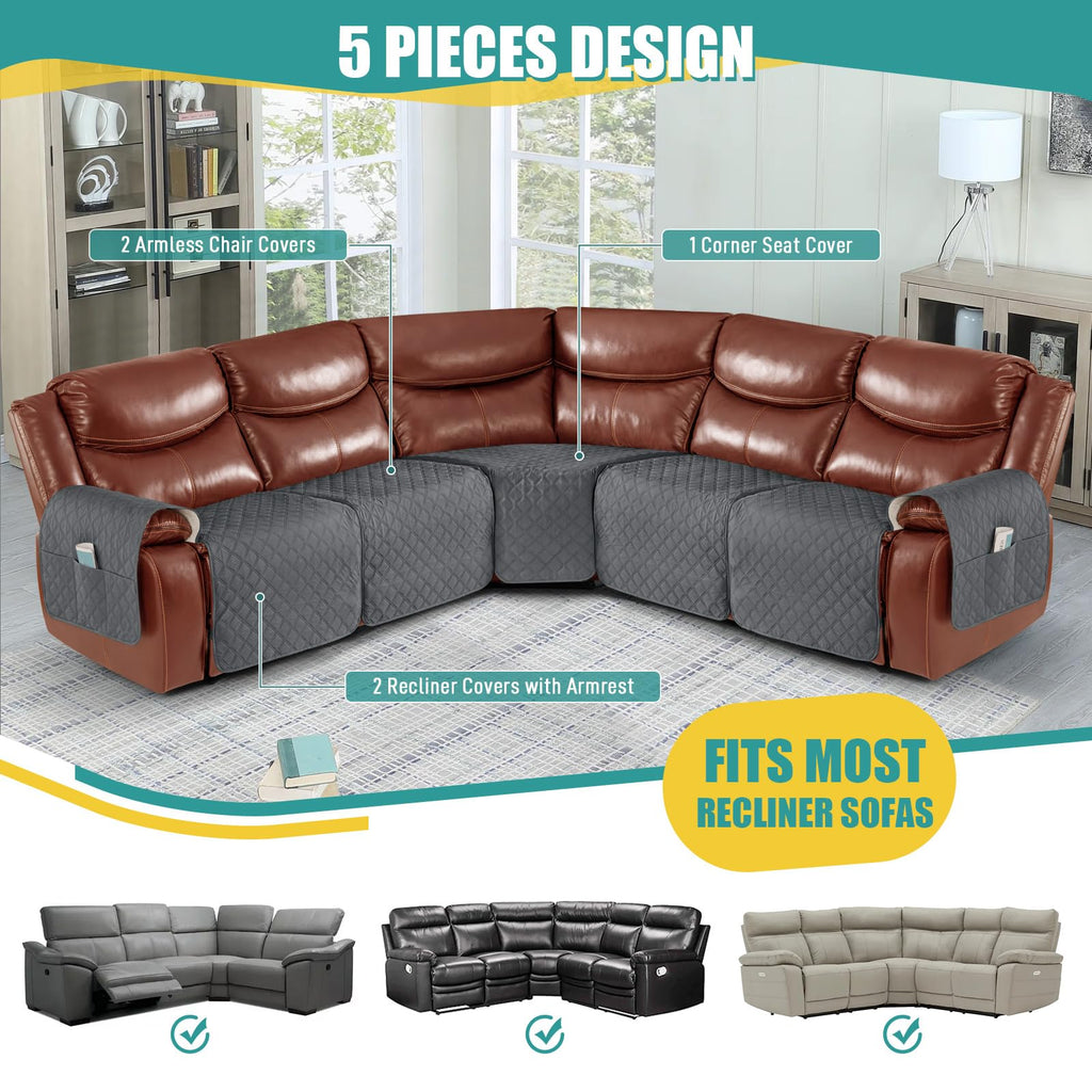 Waterproof 5-Piece Recliner Sectional Sofa Cover, Dark Grey
