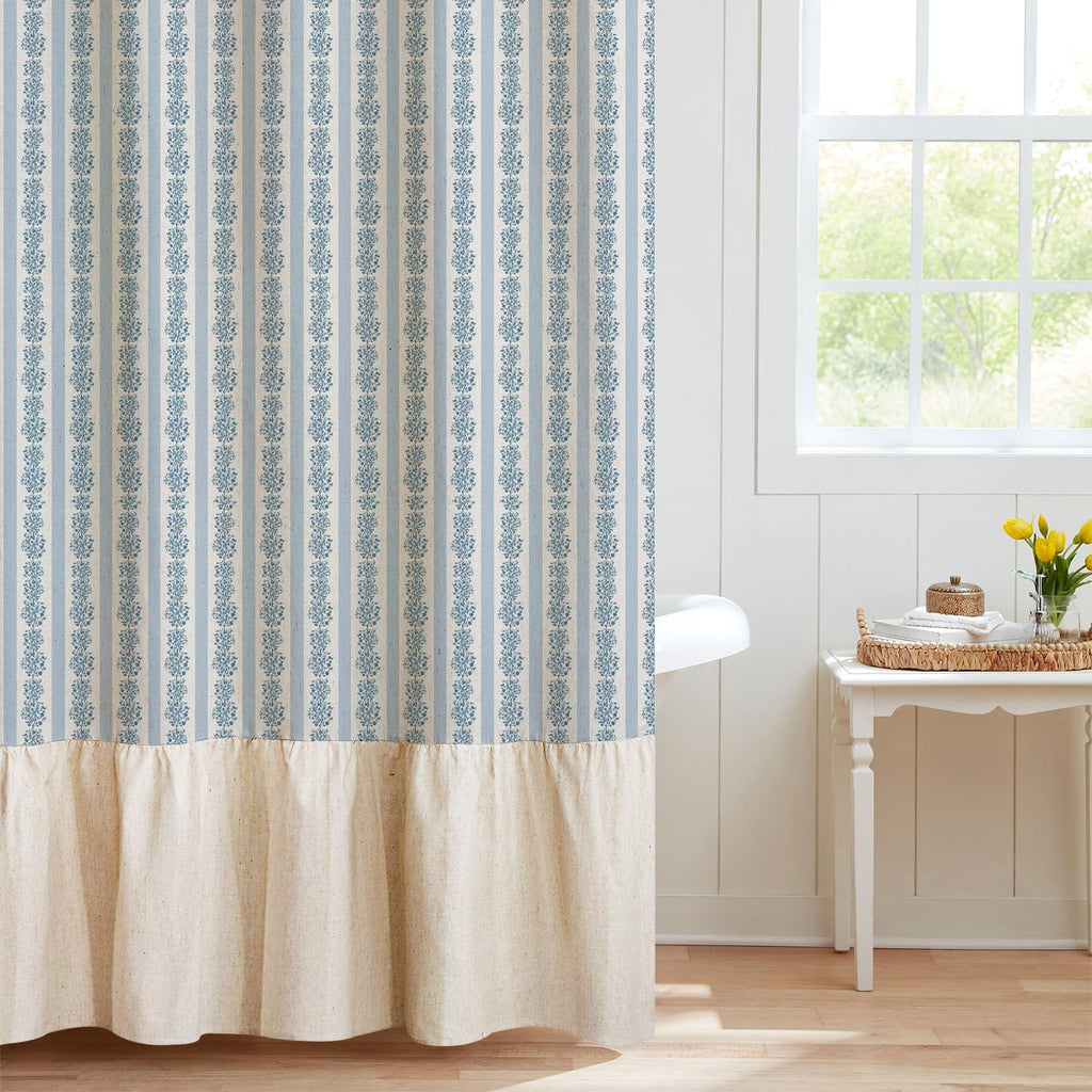 Blue Stripe Linen Textured Ruffle Shower Curtain - Vintage Floral Block Print, Boho Cottagecore Farmhouse French