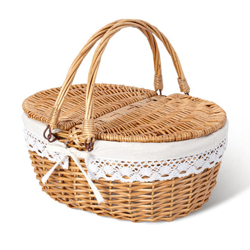 Vintage Picnic Basket with Lid, Woven Cute Basket with Handle
