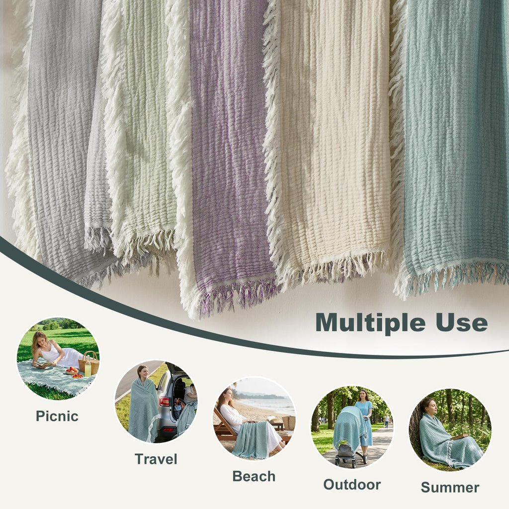 100% Cotton Muslin Blanket Adults with Tassels, Teal Throw 50"x60"