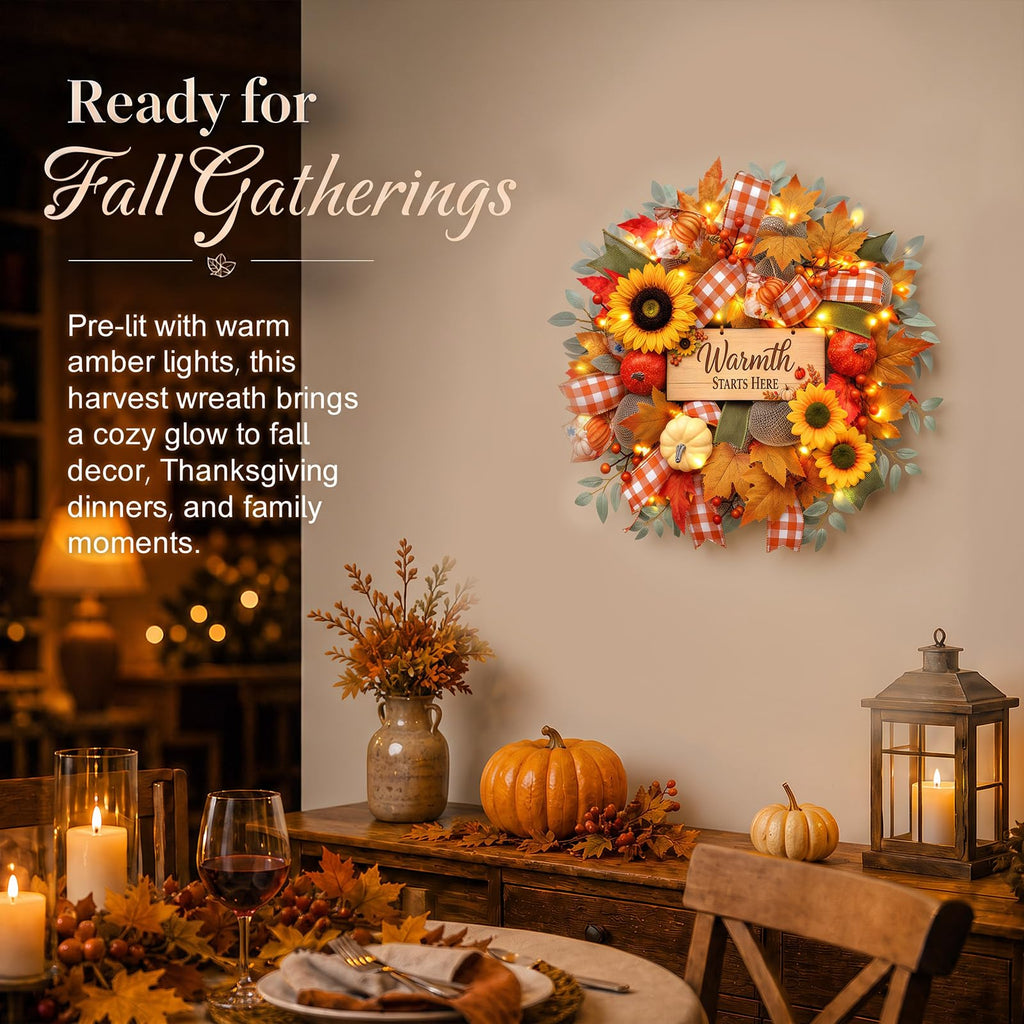 22 Inch Fall Wreaths for Front Door, Harvest Sunflower Wreath