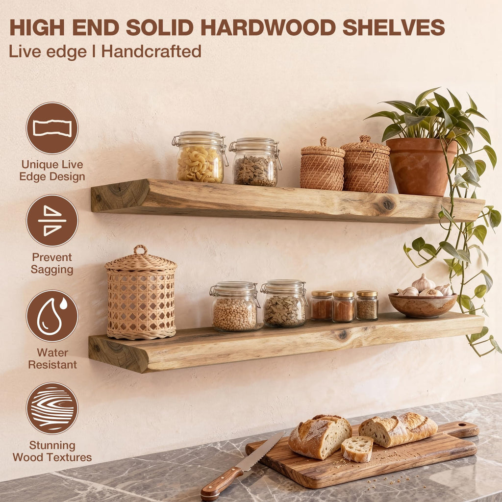 24 Inch Live Edge Floating Shelves for Wall, 8in Deep Solid Elm Wood