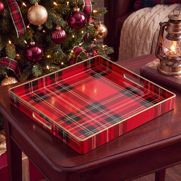 Christmas Square Tartan Plaid Serving Tray with Handles, Plastic