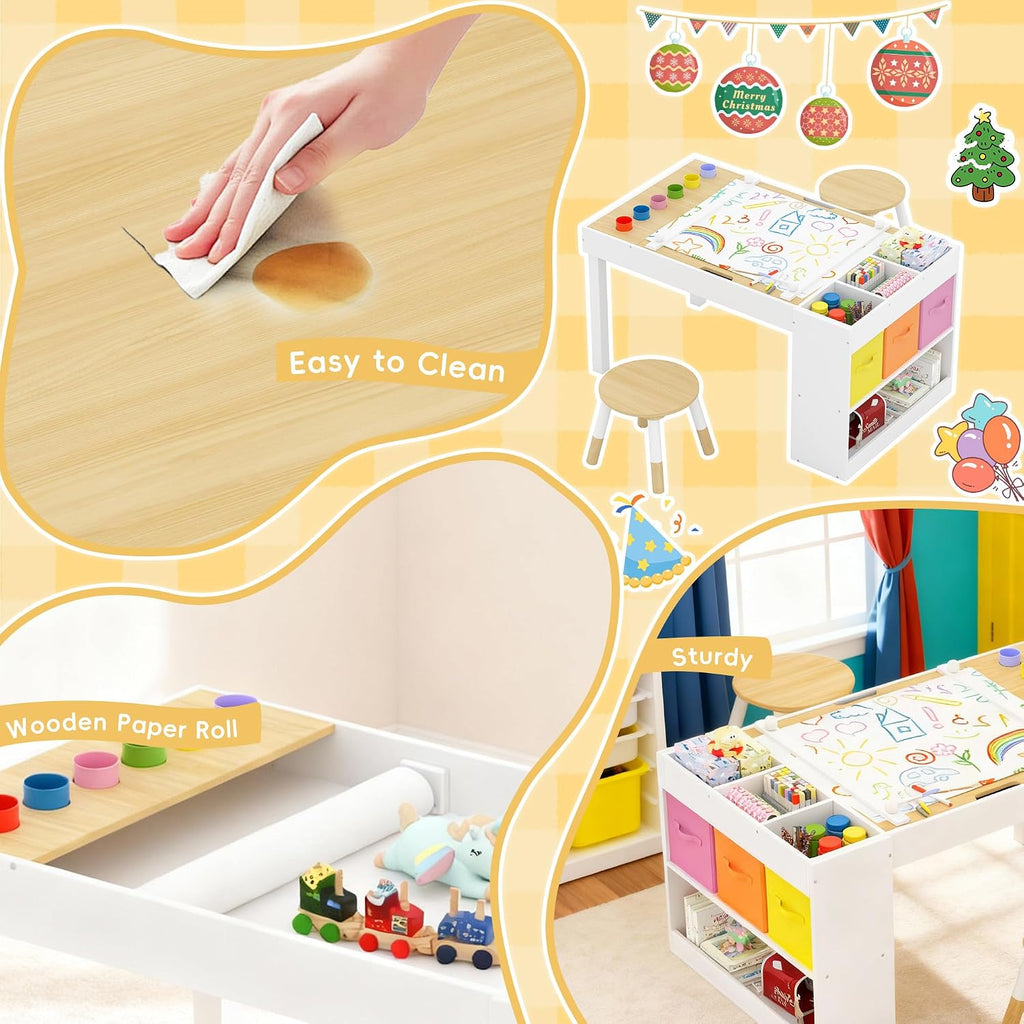 Kids Art Table and 2 Chairs Set, Wooden Craft Desk with Storage Shelves, 3 Storage Bins & Paper Roll for Drawing