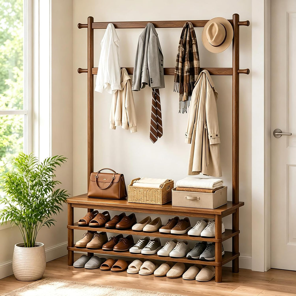 Hall Tree, 3-in-1 Entryway Bench with Coat Rack, 11 Hooks and 2-Tier Hall Tree with Shoe Storage Bench, Solid Wood