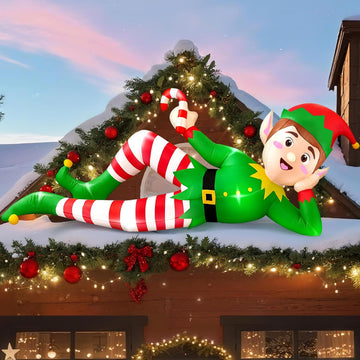 8 FT Christmas Inflatable Outdoor Decoration, Lying Elf Christmas Blow up Yard Decorations with LED Lights, Elf
