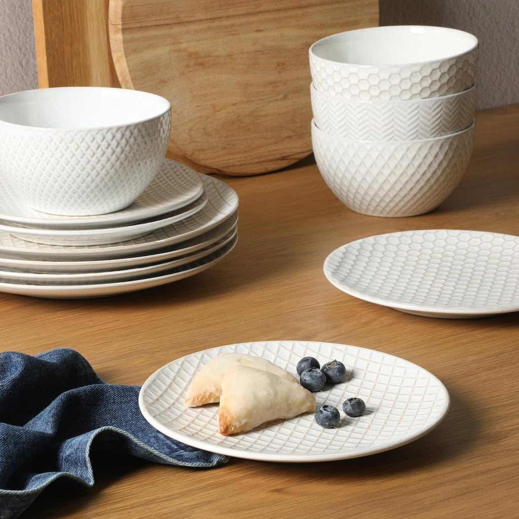 Oyster Tide Embossed 12 Piece (Service for 4) Plates and Bowls Reactive Glaze Round Dishes Stoneware Ceramic
