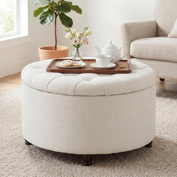 28" Round Storage Ottoman, Tufted Coffee Table ,Beige | Chenille Upholstered Footrest with Removable-Top & Wood Leg