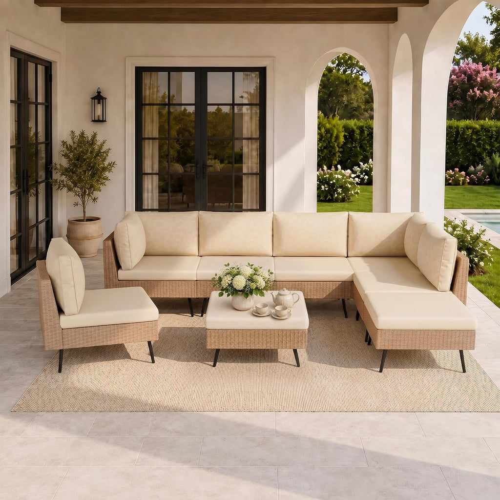 8-Piece Wicker Outdoor Furniture Set, All-Weather Patio Conversation Set with Thick Cushions & 2 Multi-Use Ottomans