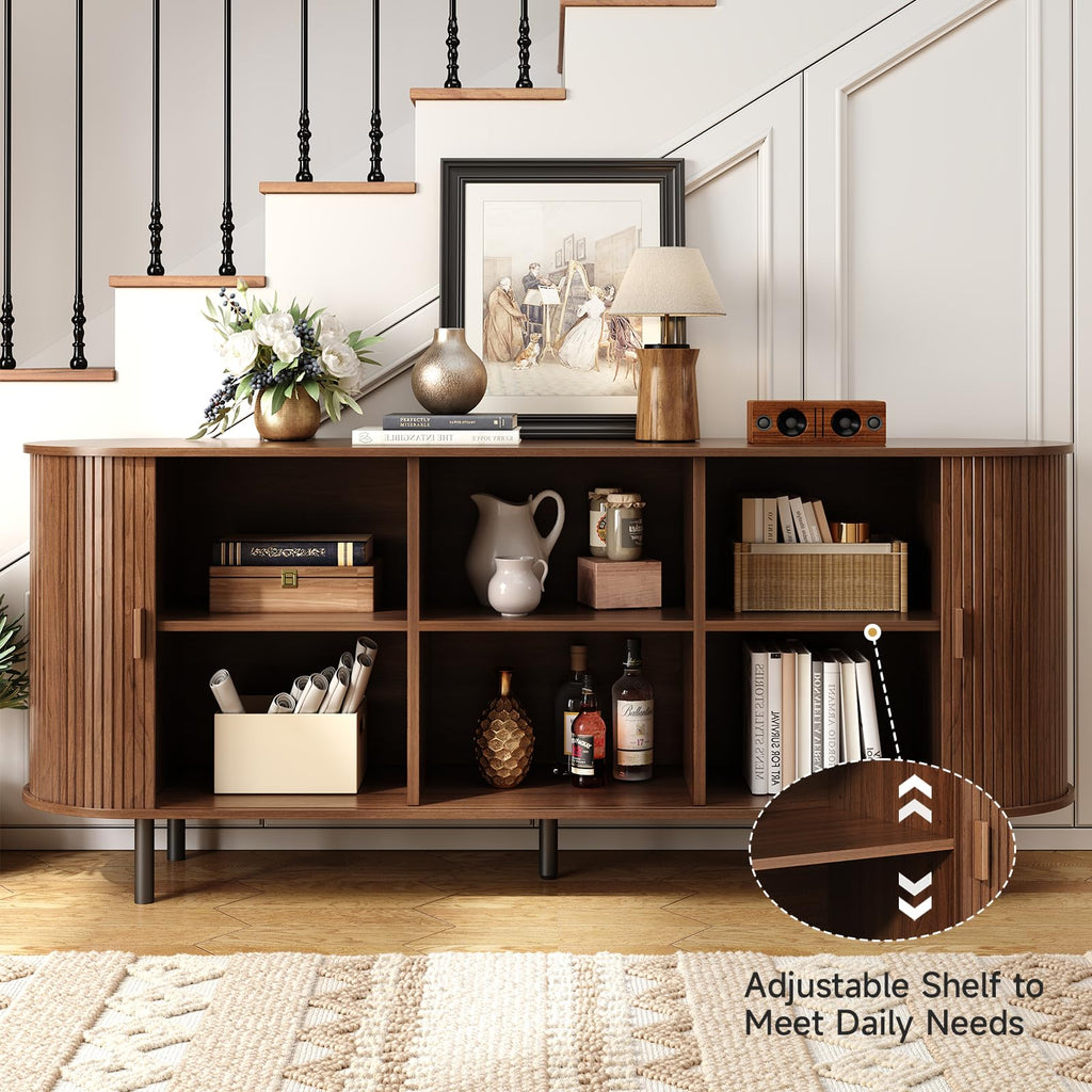 70" Sideboard Buffet Cabinet, Sliding Door/Adjustable Shelf, Walnut