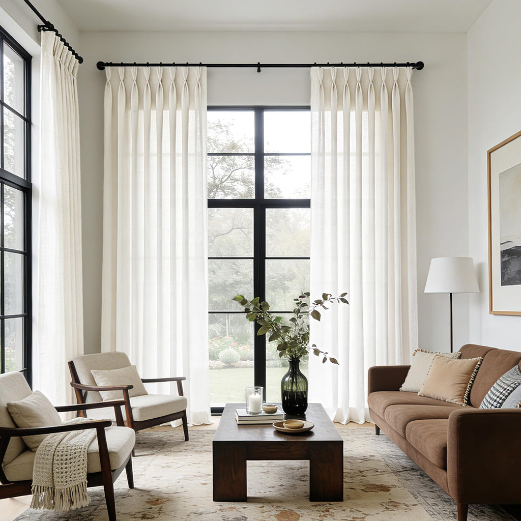Birch Pinch Pleated 92 inch Long Linen Curtains 2 Panels Set Track System Curtains Neutral Modern Elegant Light