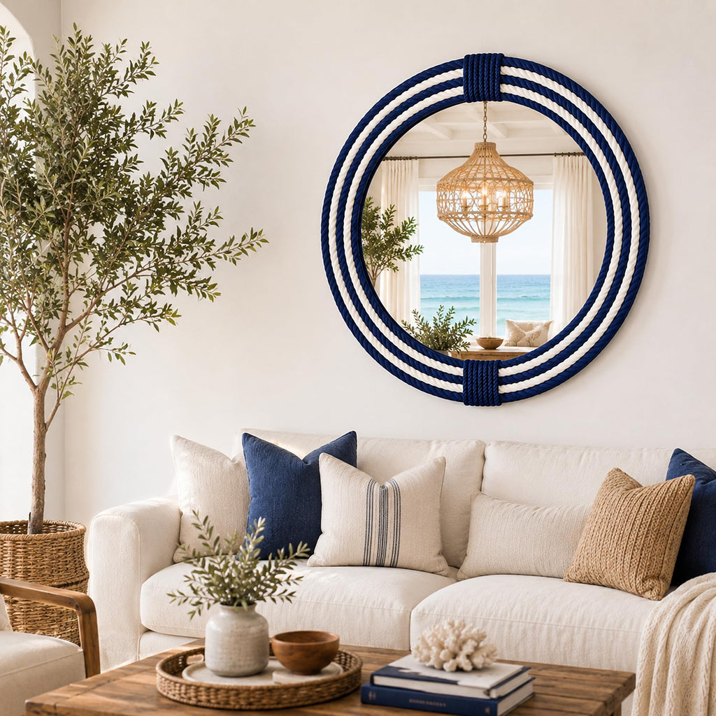 30" Navy Stripe Round Wall Mirror, Handwoven Cotton Rope Frame
