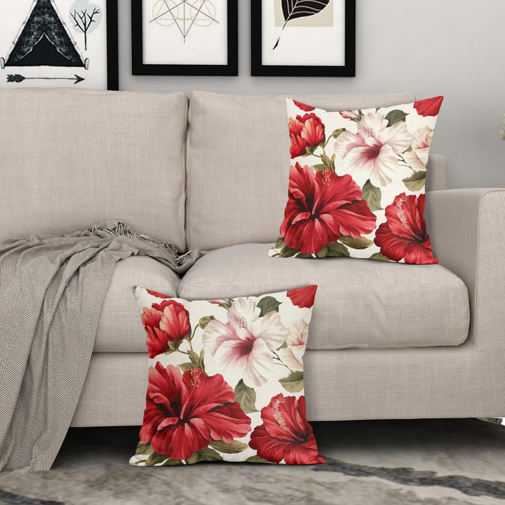 2PCs Hibiscus Flower Pillow Covers Tropical Red White Floral Decorative Throw Pillowcases 20x20inch Spring Summer