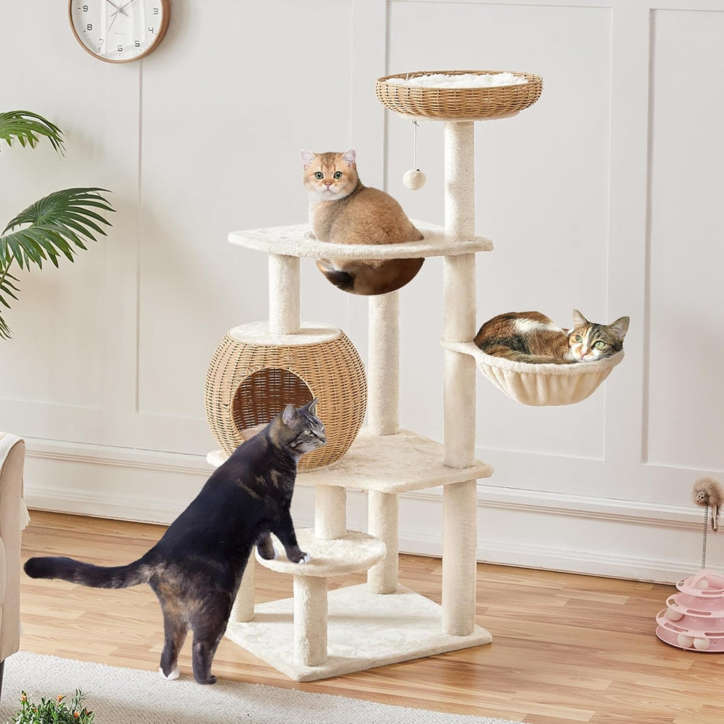54in Rattan Cat Tree Tower with Woven-Style Nest and Hammock