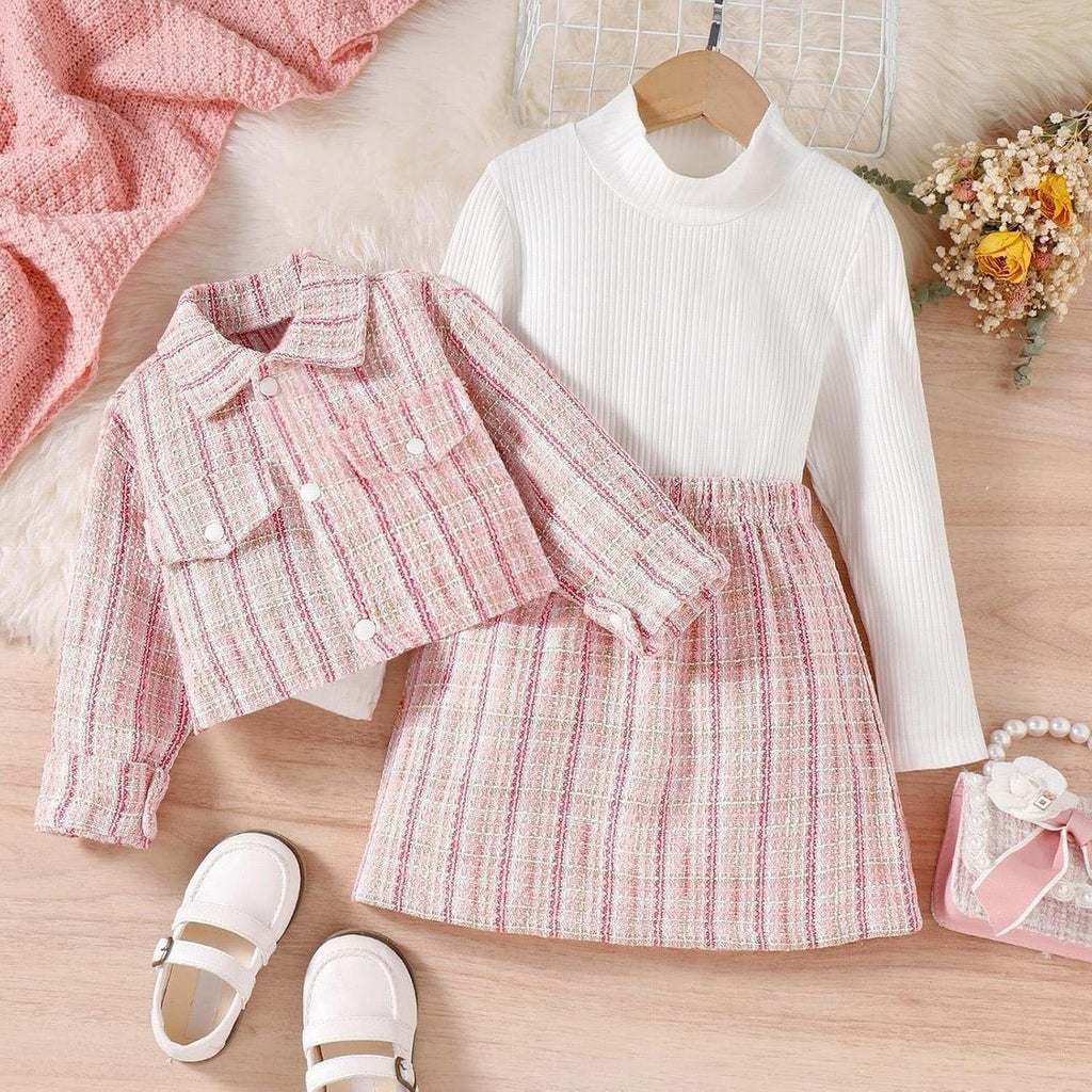 Toddler Girl Skirt Set Long Sleeve Knit Ribbed Turtleneck Shirt Tops+Mini Skirts+Plaid Tweed Jacket Winter Outfits