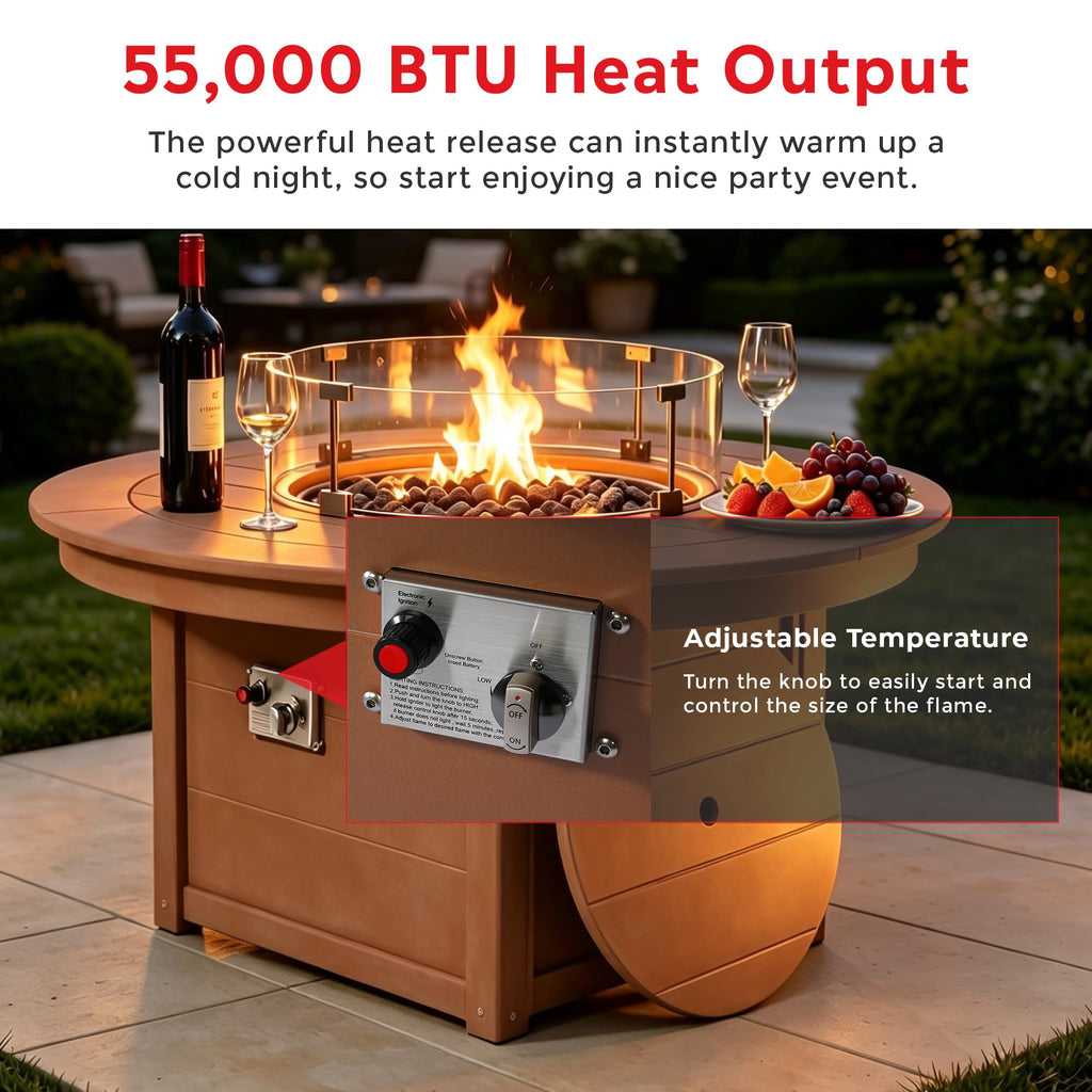47" Modern Outdoor 55, 000 BTU Patio Backyard Round Propane Fire Pit Table (Rocks Not Included), Teak