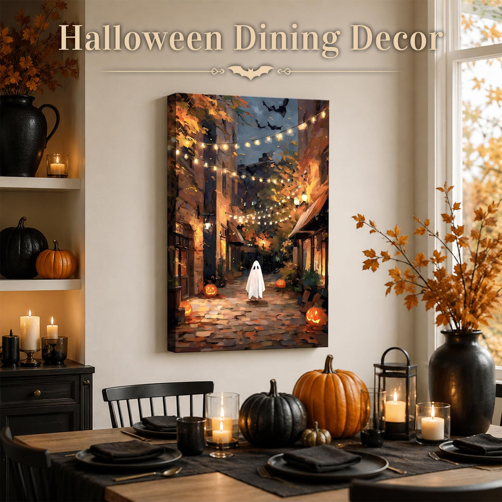 Framed Halloween Ghost Street Wall, Pumpkin Lantern Night Town Canvas Prints, Cozy Spooky Wall Decor Pictures Canvas