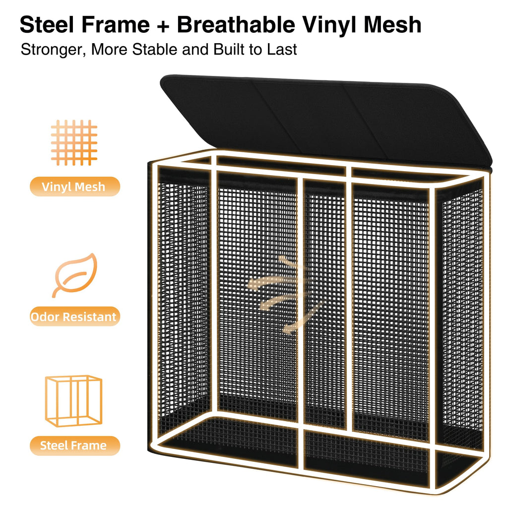 3 Section Laundry Hamper with Lid, 180L Steel-Frame 3 Compartment Laundry Sorter with Removable Washable Liner