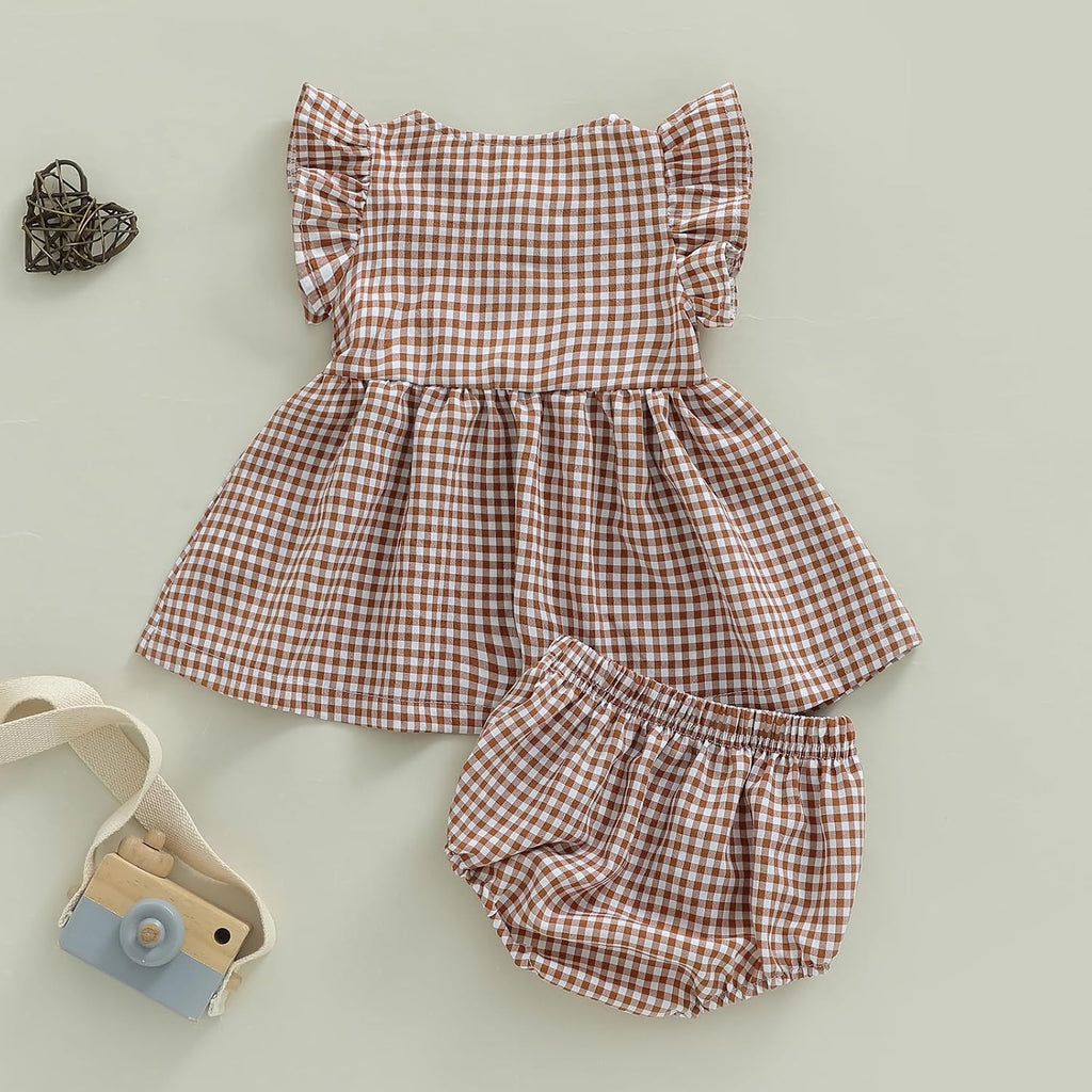 Toddler Baby Girl Clothes Plaid Ruffle Sleeveless Tops with Bloomer 2PCS