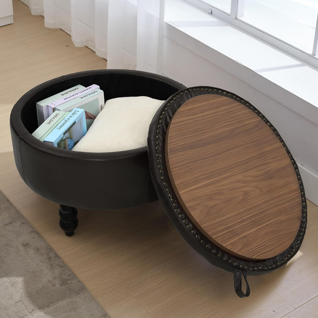 30 Inch PU Leather Round Storage Ottoman with Tray, Modern Upholstered Tufted Coffee Table with Storage, Large
