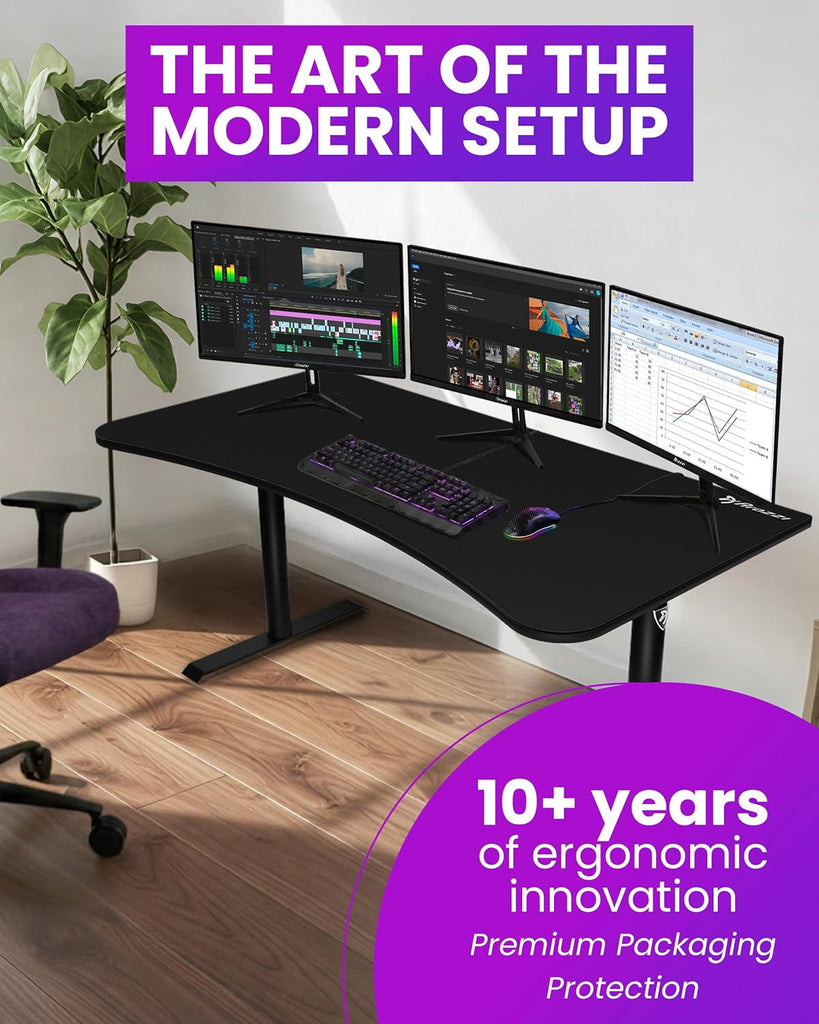Arena Ultrawide Curved Gaming Desk Pure Black | Full Surface Water-Resistant Desk Mat, Monitor Mount Cut-Outs, Cable