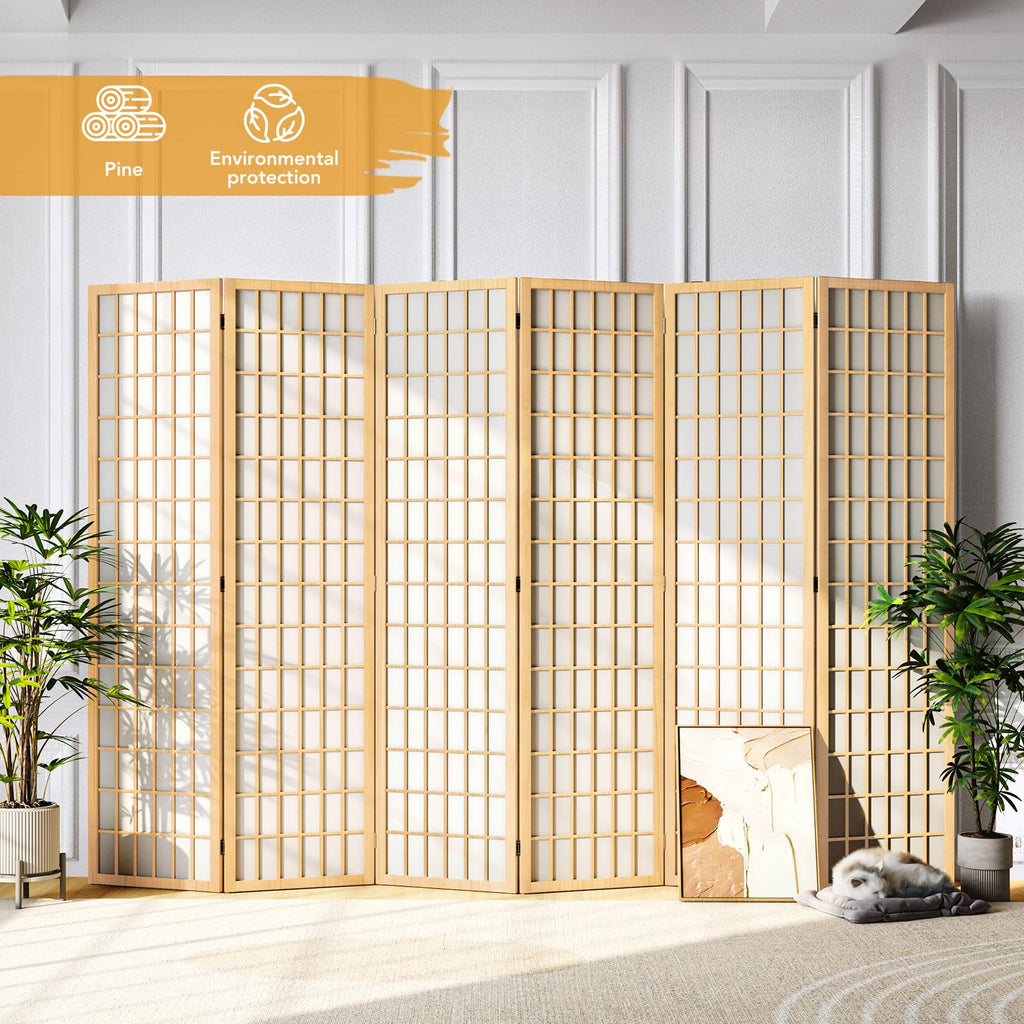 6ft Japanese Room Divider Wall, 6-Panel Shoji Privacy Screen 104" W