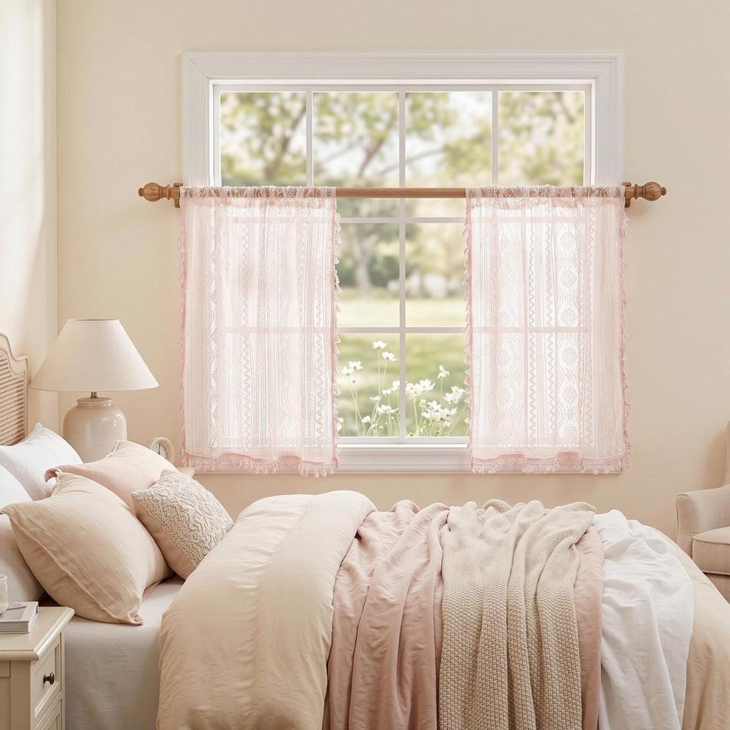 Pink Lace Tier Curtains 36 Inch Length 2 Panels Kitchen Cafe Sheer Short Boho Half Country Rod Pocket Curtains for