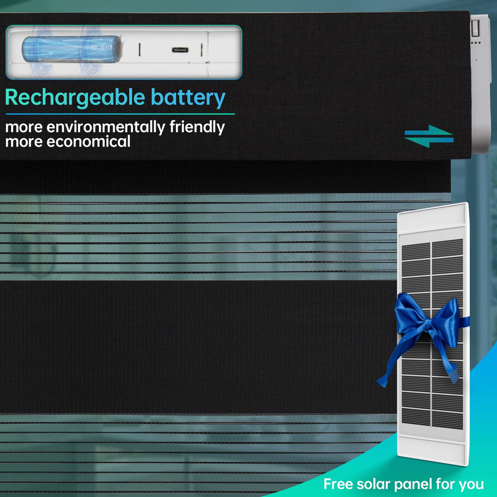 Motorized Zebra Blinds, Solar Powered Dual Layer Automatic Shades with Remote Control, Rechargeable Smart Blinds