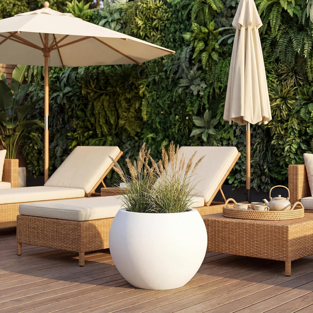 17" H x 21" Dia White Fiberstone Planter Pot with Drainage Hole, Extra Large Round Indoor Outdoor Flower Pot for