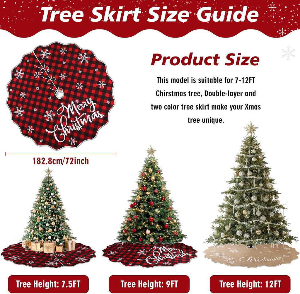 72 Inch Christmas Tree Skirt, Buffalo Plaid Tree Skirt for 7.5 ft Tree to 12ft Tree, Double Sided Burlap Tree Skirt