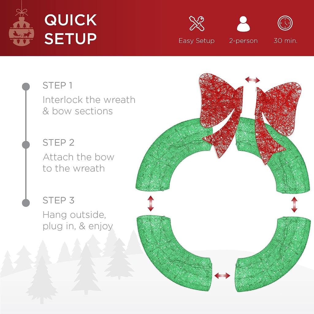 48in Pre-Lit Outdoor Christmas Wreath Decoration, LED Metal Holiday Decor w/ 140 Lights, Bow - Green/Red