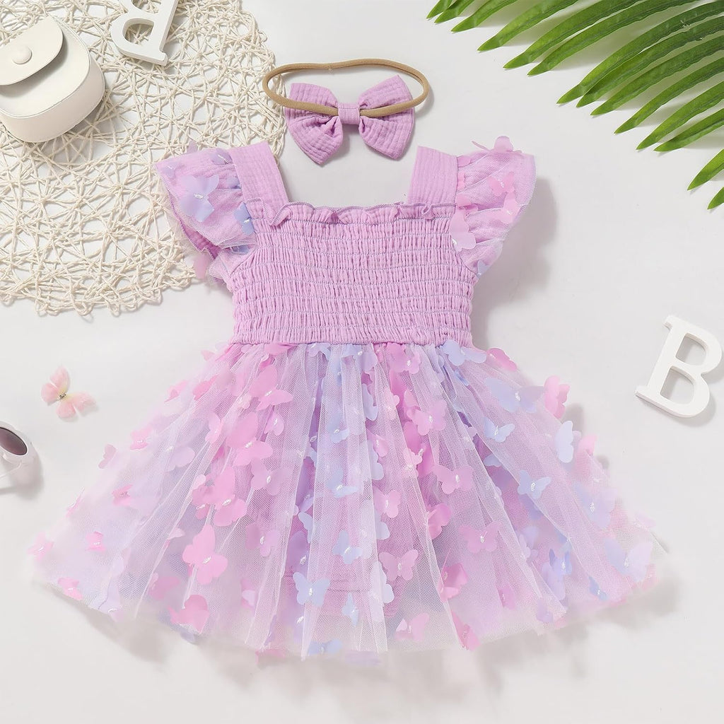 Baby Girls First Birthday Outfit Sqaure Neck Ruffle Fly Sleeve Tulle Tutu Romper Dress with Bowknot Headband