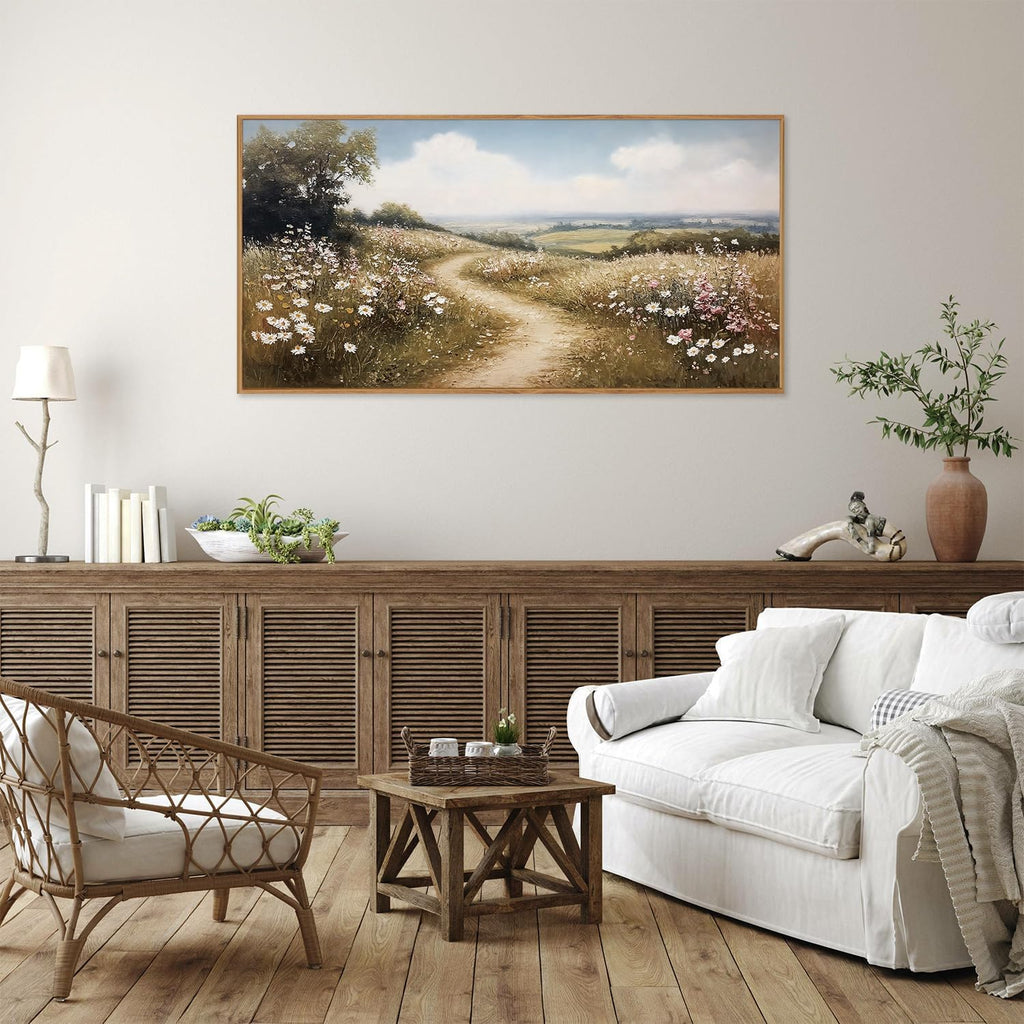 Rustic French Country Framed Canvas Wall Art, Vintage Flower Field Wall Decor, Calming Nature Landscape Art