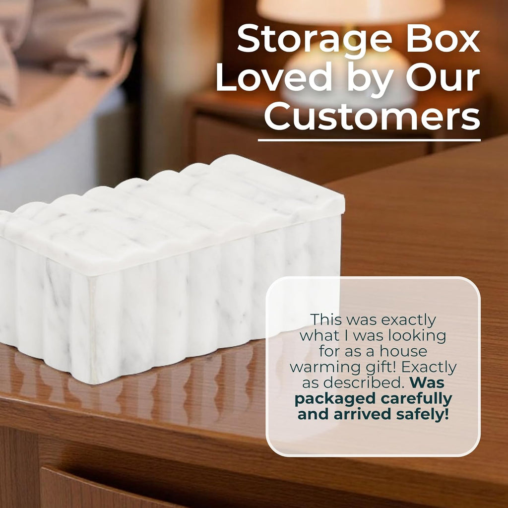 Marble Decorative Storage Box with Lid - Sculpted Fluted Home Organizer Keepsake Boxes for Jewelry - Chic Decorative