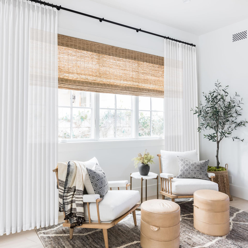 104 Inch Long Linen Curtains, White Semi Sheer Pinch Pleat Drapes, Light Filtering Panel Track System