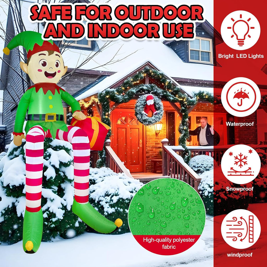 8 FT Christmas Inflatable Outdoor Decorations, Sitting Elf Holding Gift Bag Blow Up Christmas Decorations with