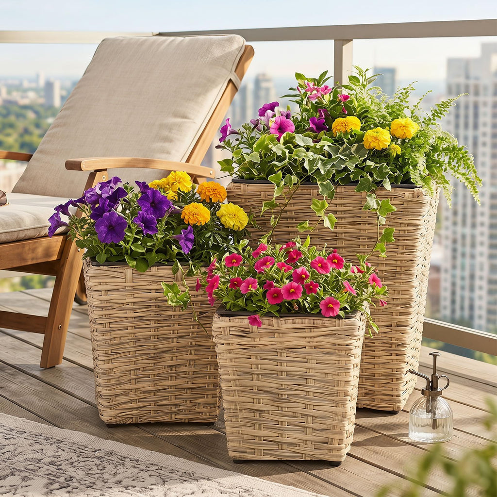3-Piece Rattan Planter Box Kit, Wicker Planters with Removable Plastic Liners for Indoor & Outdoor Plants