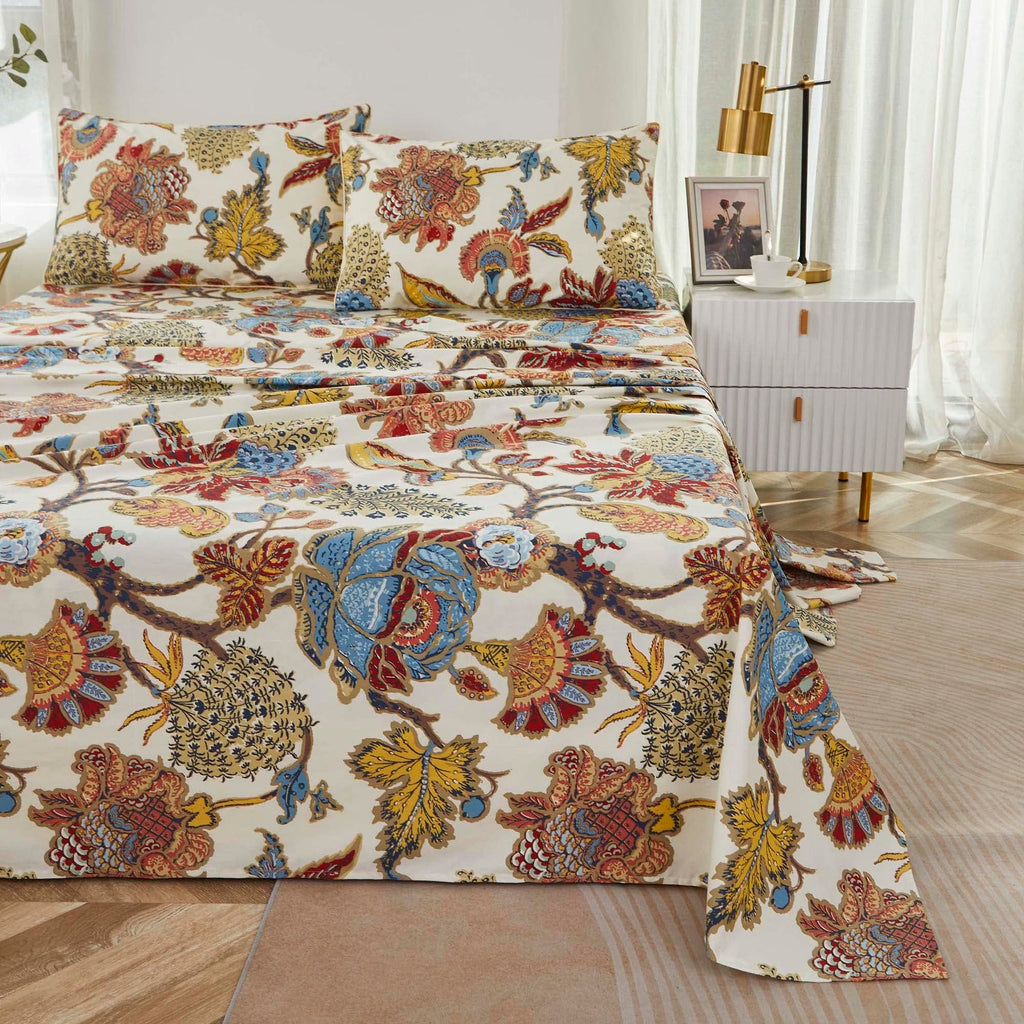 Vintage 4pcs King Size Deep Pocket Bed Sheet Sets 100% Egyptian Cotton Bedding Collection Colorful Boho Baikal Flower