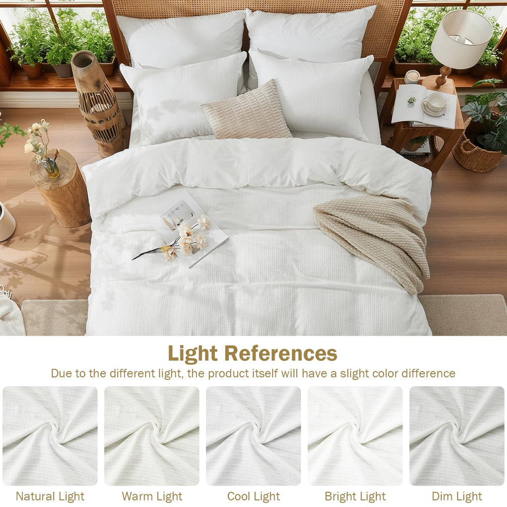 100% Washed Cotton Textured Duvet Cover Queen - Soft Breathable Jacquard Striped Lightweight Bedding Set 3 Pieces