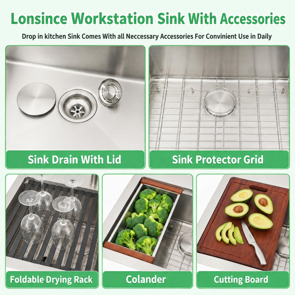 Drop In 28" X 22", Single Bowl Workstation Sinks