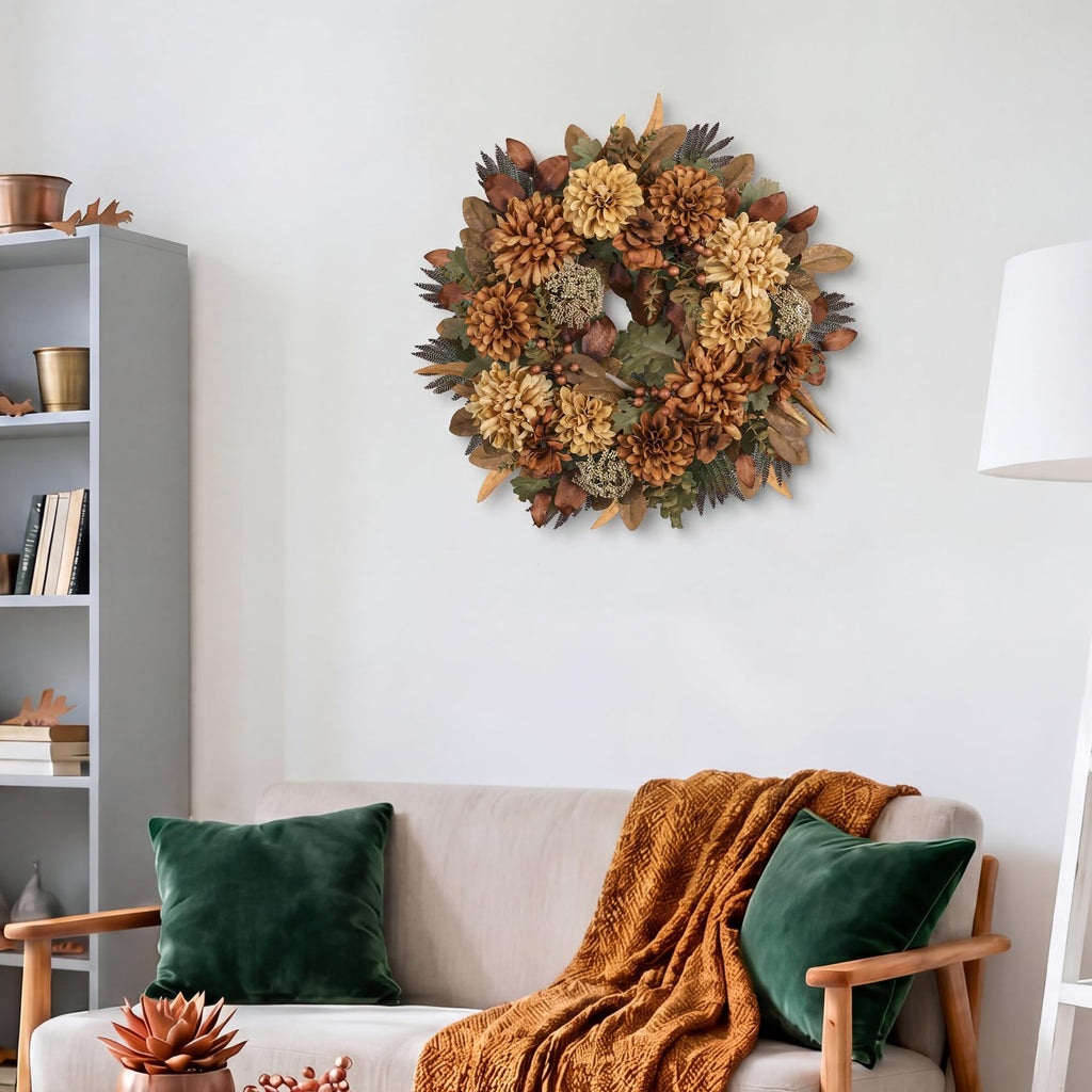 24" Fall Wreaths for Front Door with Mums Dahlias Queen Anne's Lace