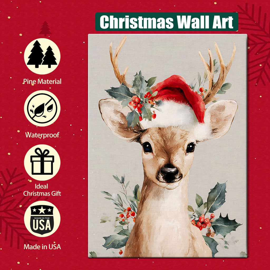 Rustic Festive Canvas Wall Art, Reindeer with Christmas Hat Canvas Wall Art