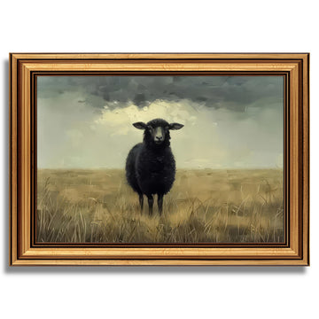 Gold Framed Wall Art Vintage Black Sheep Animal Painting Farmhouse Wall Decor Rustic Farm Animal Picture Moody