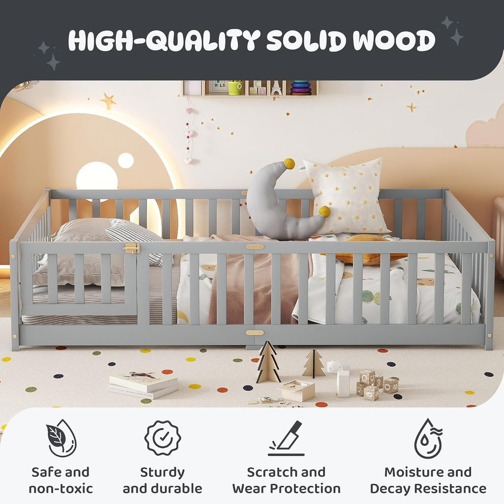 Floor Bed Frame with Fence & Slats, Rubber Wood Montessori Floor Bed with Safety Guardrails &
