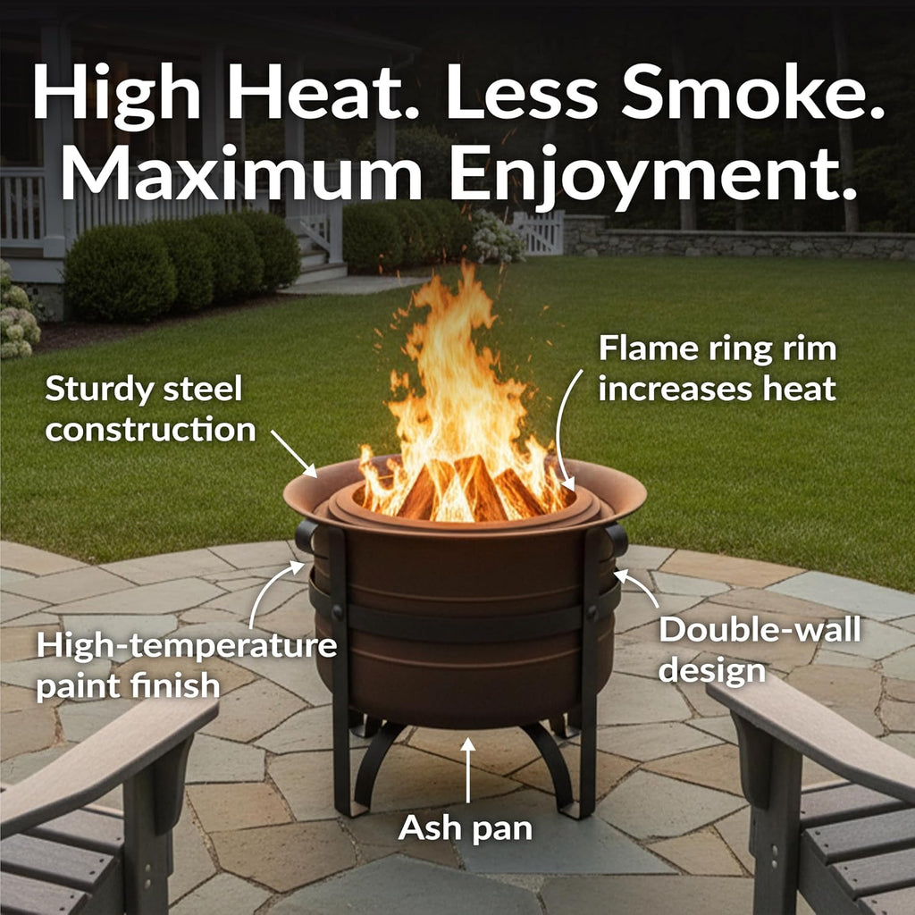 23-Inch Cauldron-Style Smokeless Wood-Burning Fire Pit with Cover and Poker