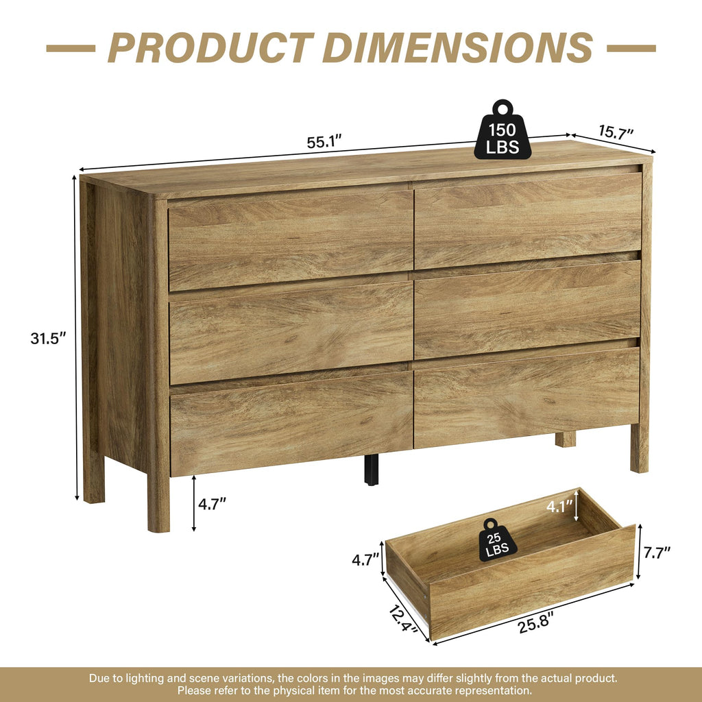 55.1" Wide 6 Drawer Wood Dresser with Legs, Natural Oak