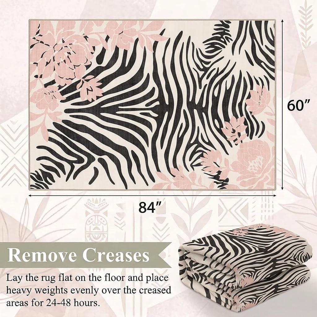 5x7 Black and Blush Pink Zebra Stripe Floral Pattern Area Rug