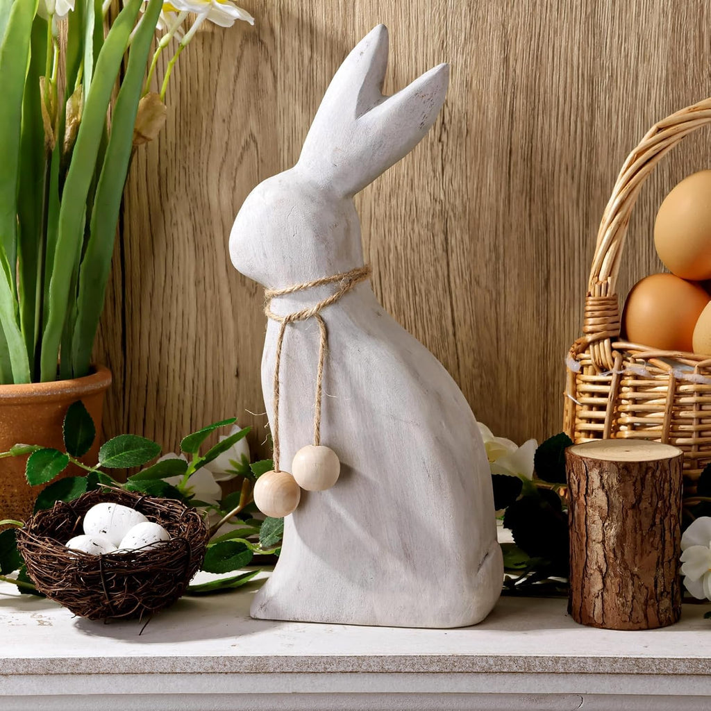 Farmhouse Antique Wood Rabbit Figurines, Handmade Elegant Easter Bunny Statue with Rustic Jute Bows for Spring Easter