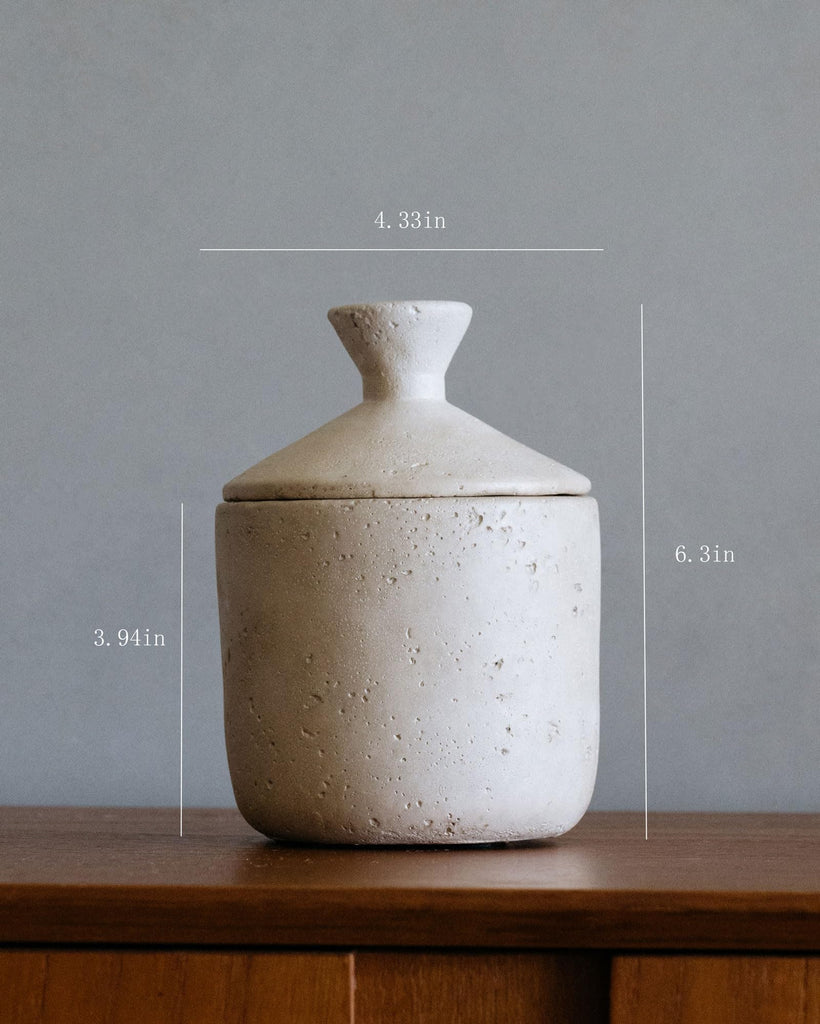 Travertine Stone Inspired Decorative Storage Jar with Lid, Beige Textured Wabi Sabi Storage Container, Vintage Mid