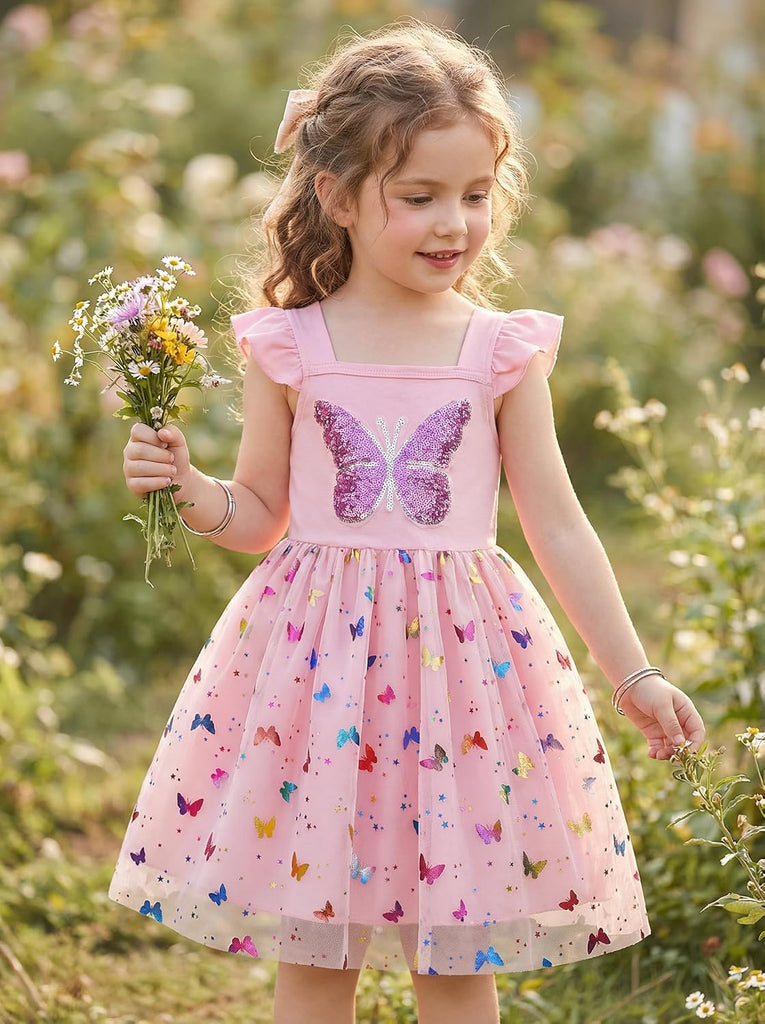 Girl Dresses Flutter Sleeve Tulle Tutu Dress Toddler Summer Clothes Kids Birthday Party Outfit 1-8 Years Old